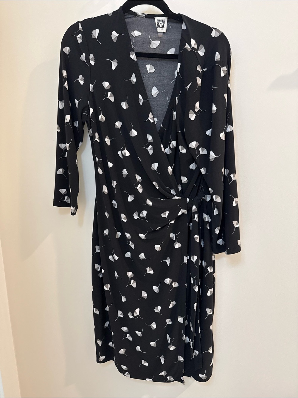 Anne Klein Black Wrap Dress with White Leaf Motif